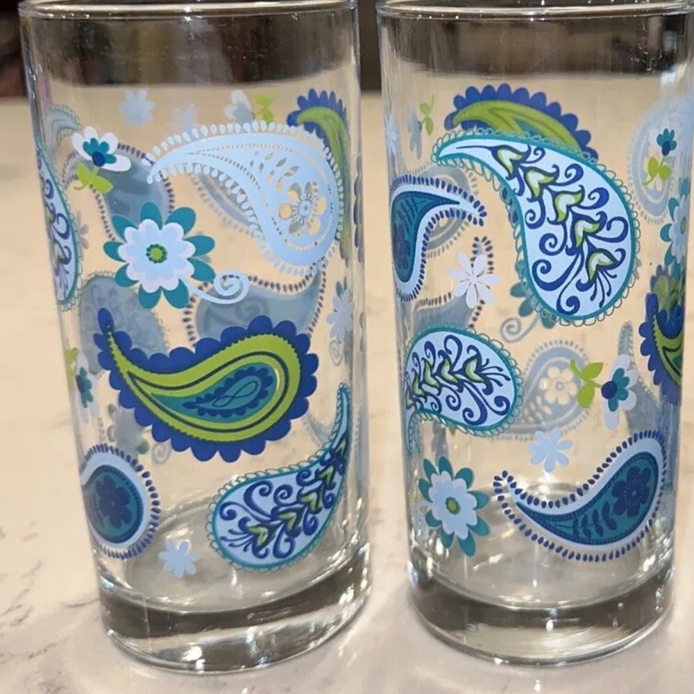 VTG Set of TWO (2) CRISA LIBBEY Paisley GLASS Blue Green White  6" TUMBLERS MCM